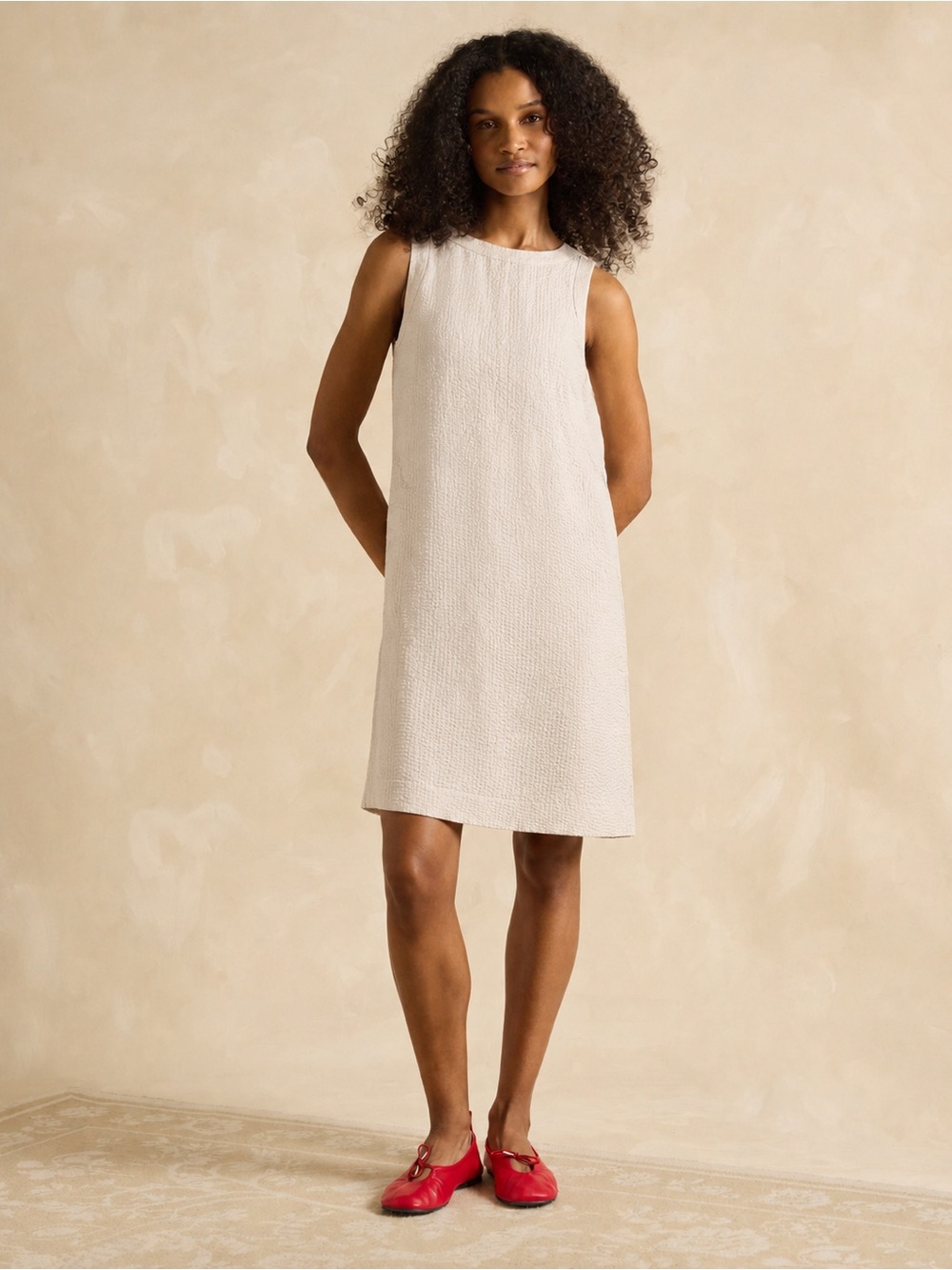 COS Seersucker Sleeveless Loose Fit Shift Dress Back Pleats Size 12